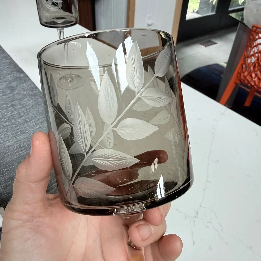 Pair‎ of 2 Vintage Smoked Gray Cylinder Wine Glasses Botanical~Candle Holders